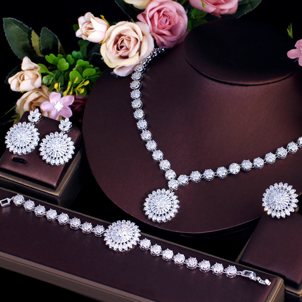 European and American cross-border flower zircon necklace earrings bracelet ring set for bridesmaid outfits wedding dresses accessory chains