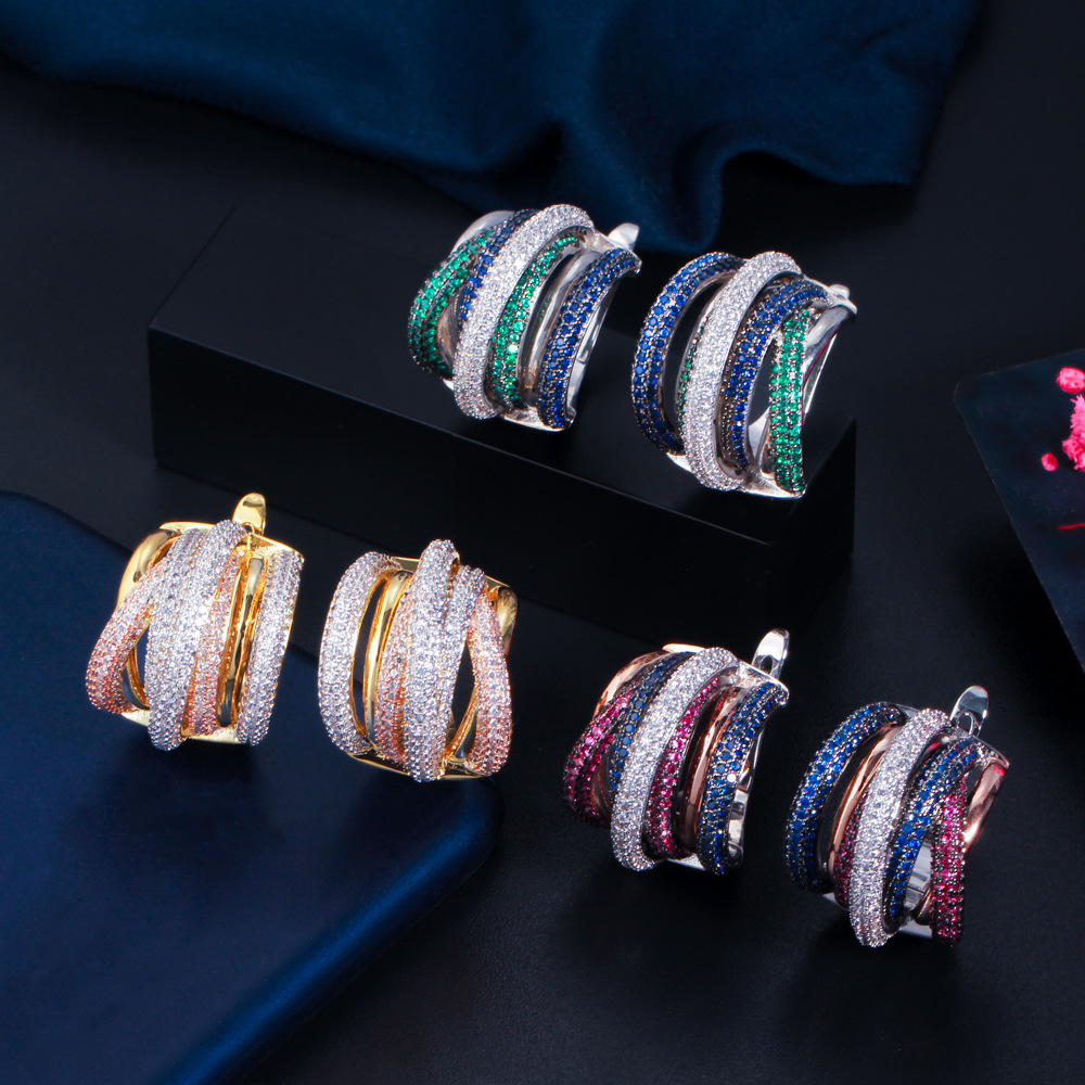 Best-selling earrings - three-color electroplated with tiny-set zirconia - eye-catching earrings with ear clasps