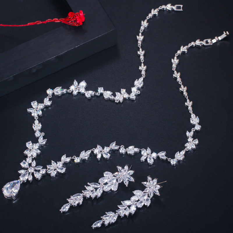 Korean wholesale wedding jewelry - diamond-set zirconian brides' necklaces earrings, bracelet wedding dress accessories two-piece set of jewelry