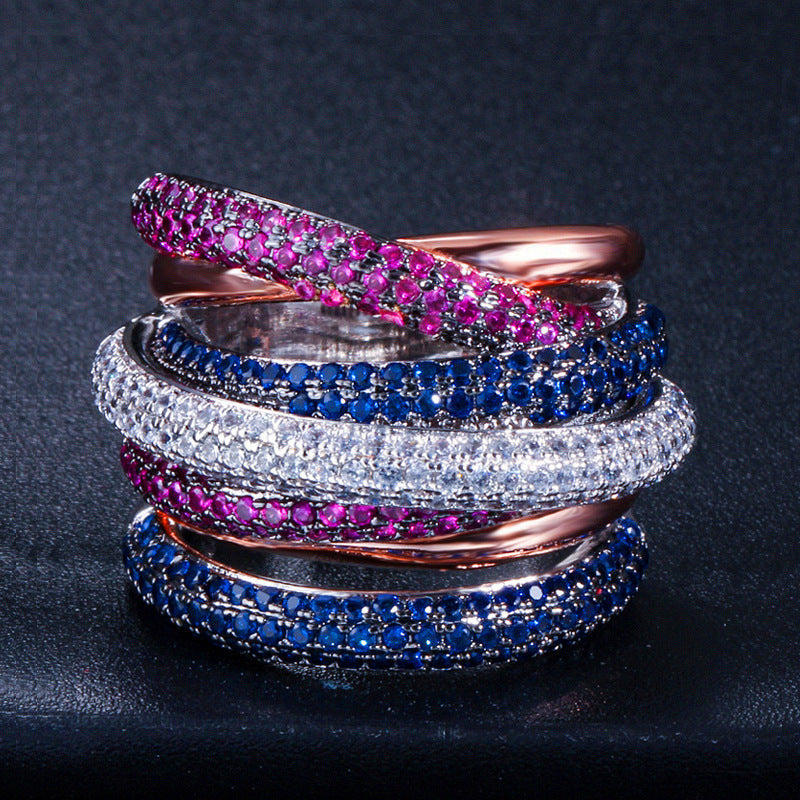European and American personalized creative ring with micro-set five-row AAA zirconia stonesGuaranteed color stability