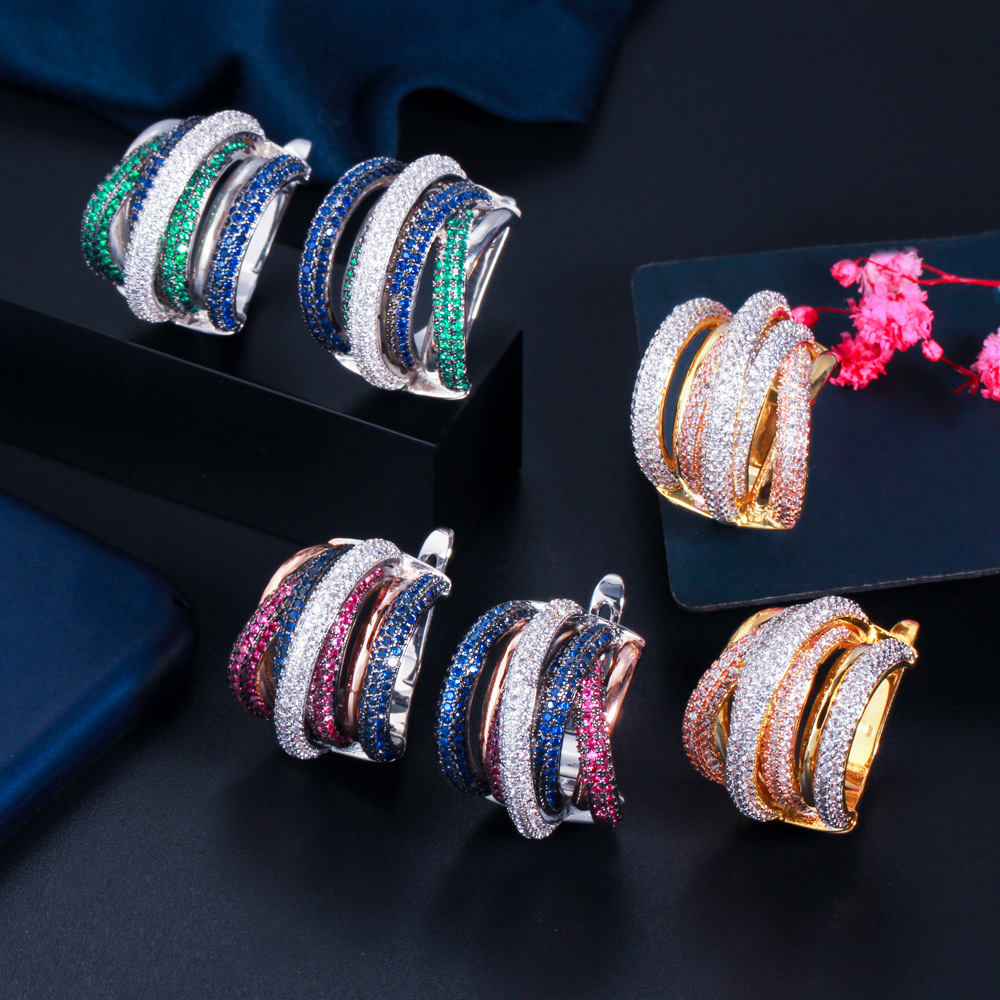 Best-selling earrings - three-color electroplated with tiny-set zirconia - eye-catching earrings with ear clasps