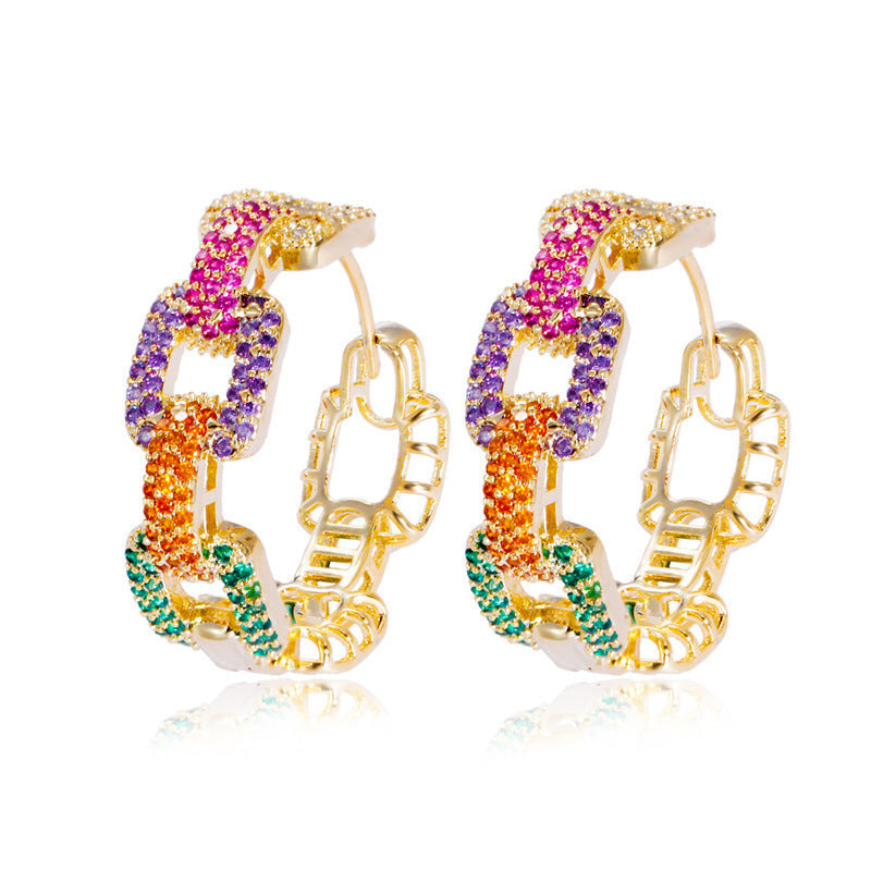 French-style rainbow hoop earrings with colorful zirconia stones small red book Douyin influencer gradient color chain ear ring accessory