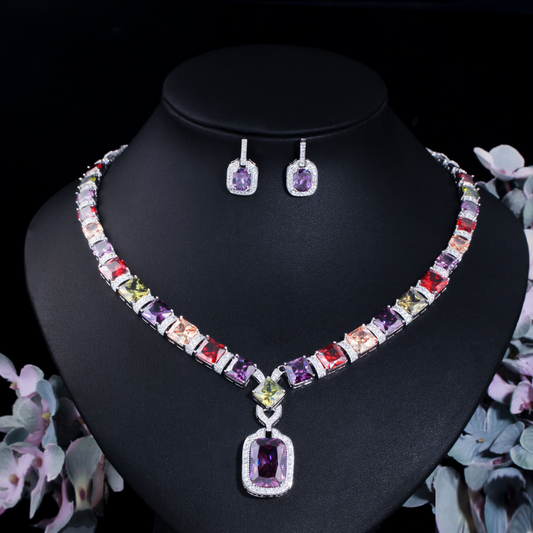 European and American bride's color zircon necklace and earrings set - two pieces. Wedding dress accessory that suits any occasion Elegant ear studs for banquets. Set chain