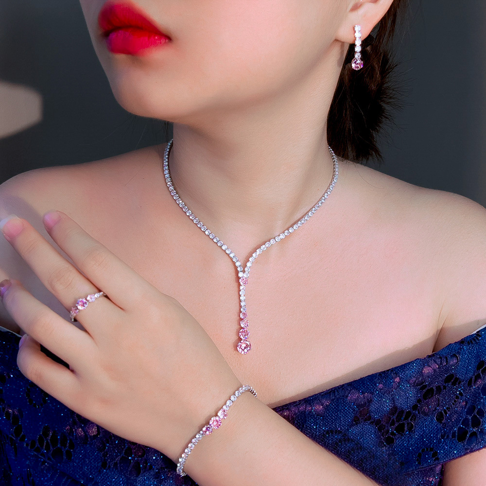 French-style minimalist luxury high-end princess pink zircon necklace, earrings bracelet and ring set - formal evening dress chain set
