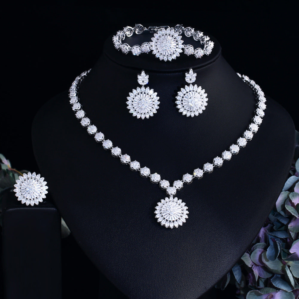 European and American cross-border flower zircon necklace earrings bracelet ring set for bridesmaid outfits wedding dresses accessory chains