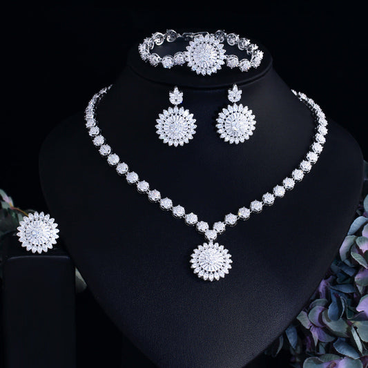 European and American cross-border flower zircon necklace earrings bracelet ring set for bridesmaid outfits wedding dresses accessory chains