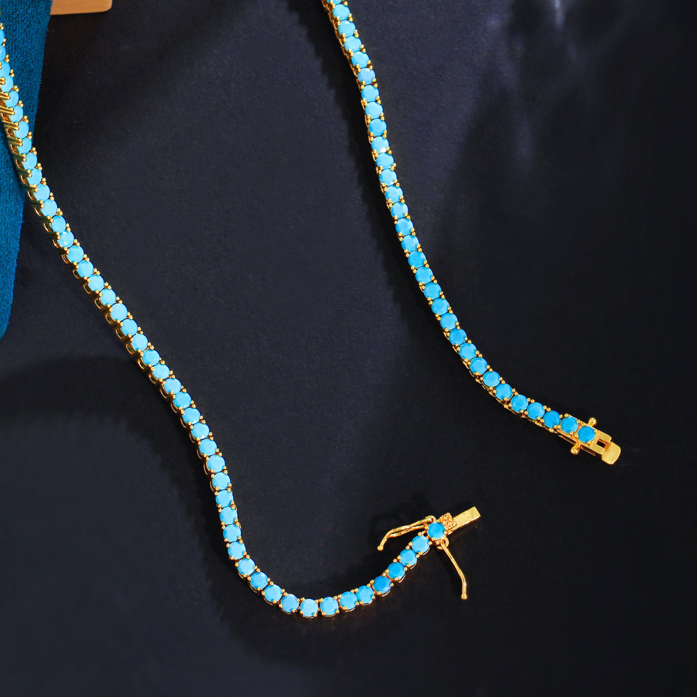 European Retro Blue Turquoise Collar Chain Gold Plated Brass Single Row 3mm Hip-Hop Tennis Chain Necklace