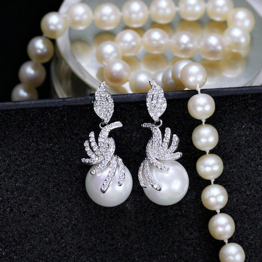 Korean style ear ornaments - pearl and zirconia earrings Simple and fashionable long-style earrings