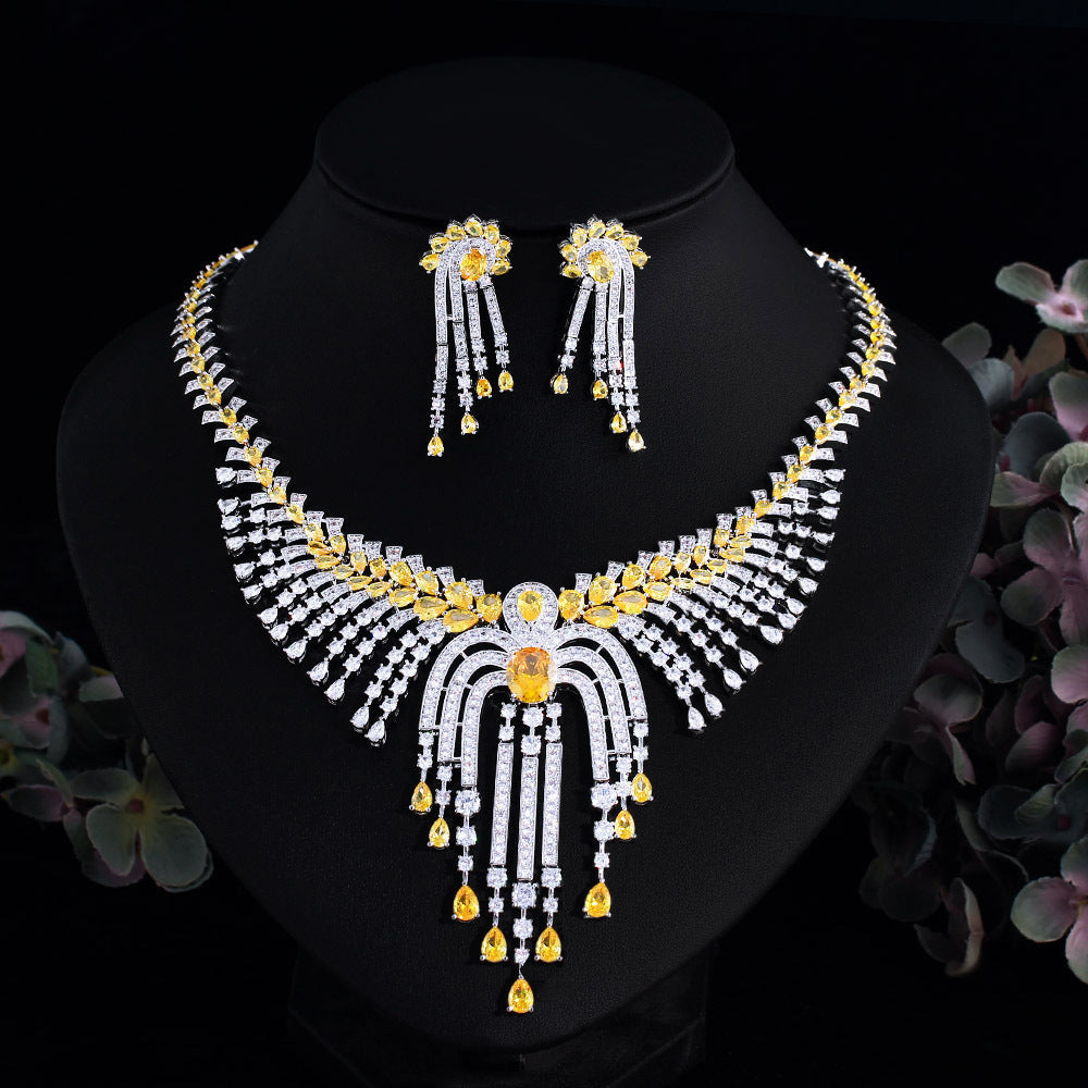 Heavy Industry Ultra-Shine High-End Luxurious Fringe Zircon Necklace Set for Evening Gown Bridal Accessories Bracelet Earrings