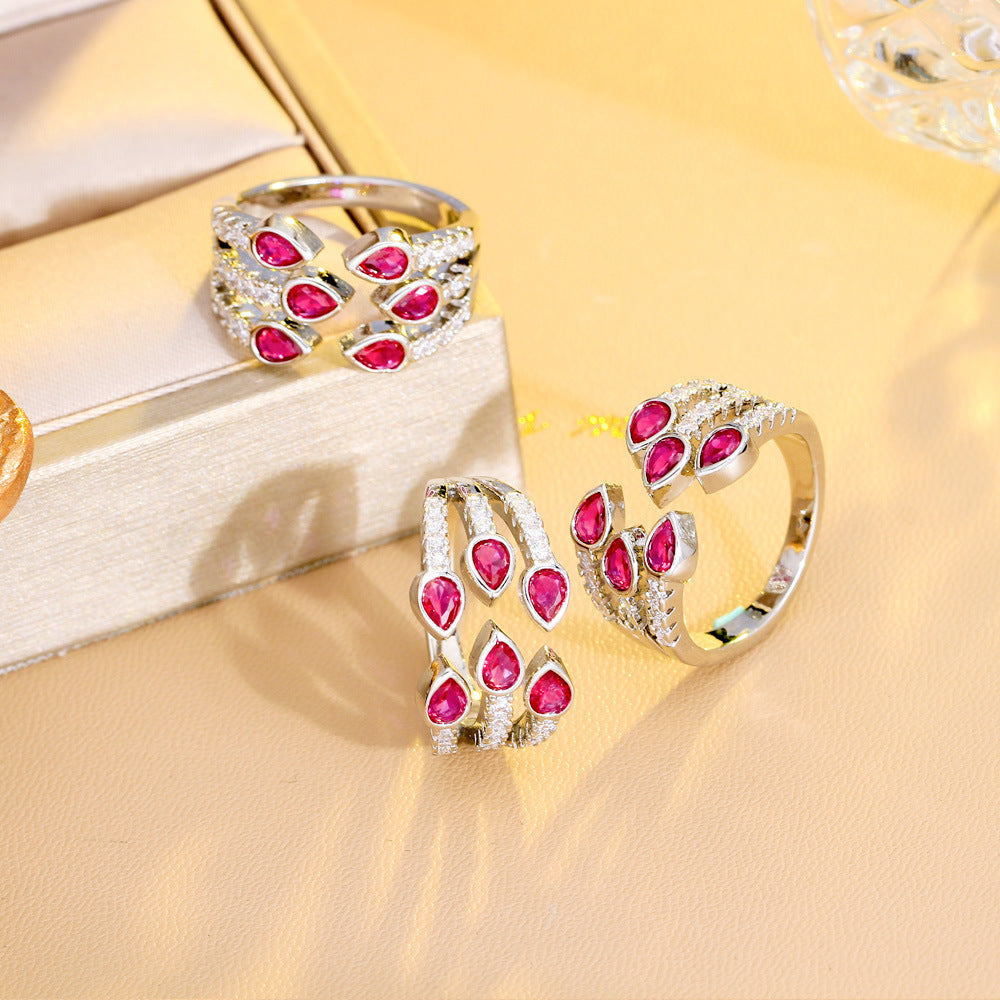 Japanese and Korean sweet waterdrop ruby ring with tiny inlaid zircons a unique design with a high-end touch a three-row handpiece ring
