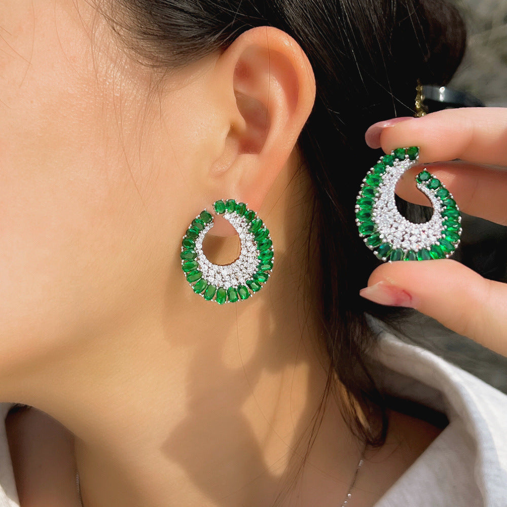 European and American style fashionable luxury s925 silver stud earrings with full diamonds and micro-set zirconia C-shaped ear loops unique ear ornaments