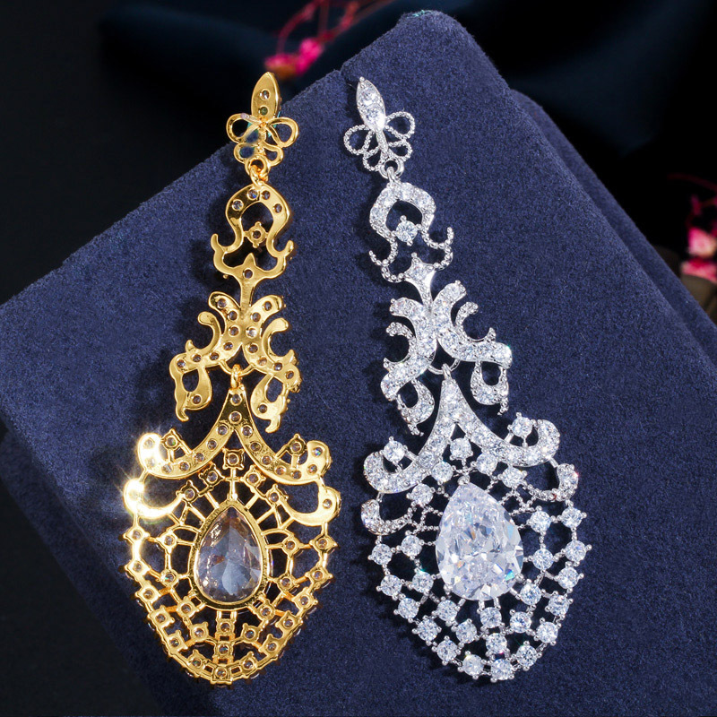 Hot-selling exaggerated earrings S925 fashionable zircon waterdrop long-style hollow earrings for brides