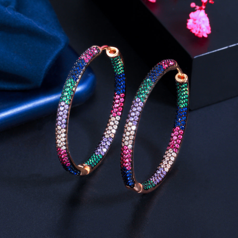 European and American popular jewelry - micro-set colored zirconia large earrings with gold and black gold electroplated ear stems, elegant earrings