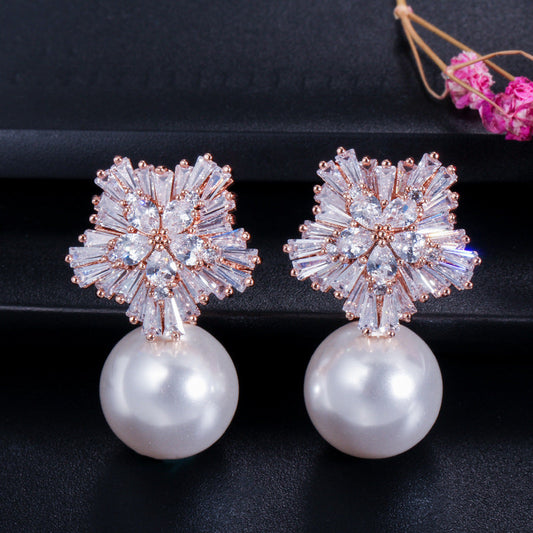 Snowflake Zirconia Beaded Earrings - Korean-style Stud Earrings with Shell Pearl for Weddings and Formal Events