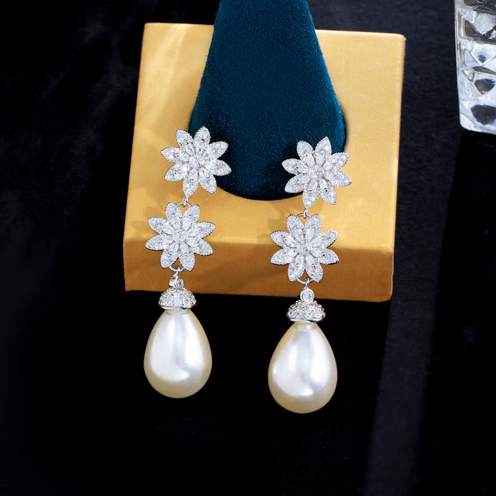 S925 silver filigree earrings with European style, luxurious and elegant, featuring delicate flower and pearl designs with tiny inlaid zirconia stones Suitable for high-class ladies Ear jewelry