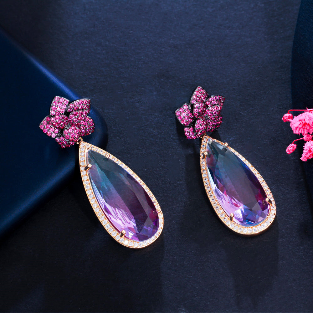 European and American exaggerated and indifferent style stud earrings with zircon stones S925 silver hooks formal evening wear simple water-drop style long earrings