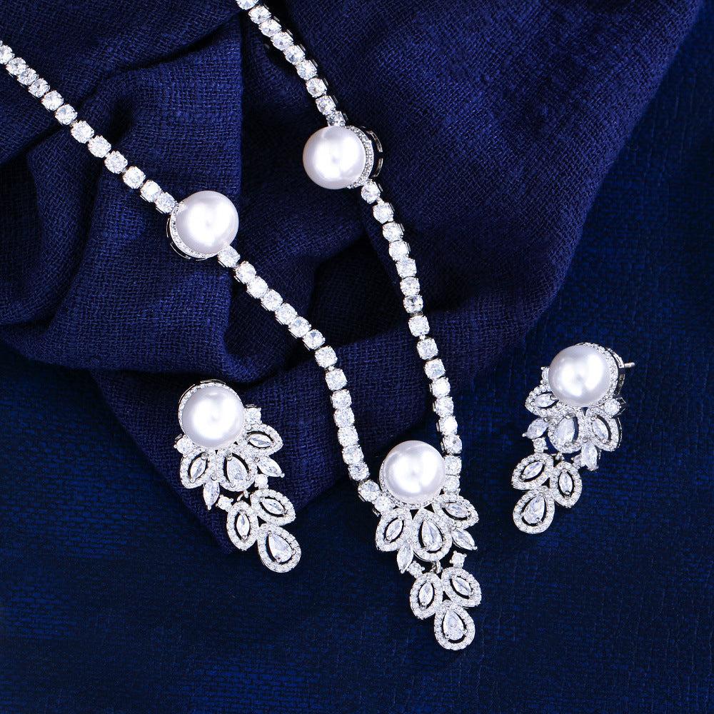 High-end pearl necklaces and earrings set - formal dress wedding banquet accessories necklace earrings chain set