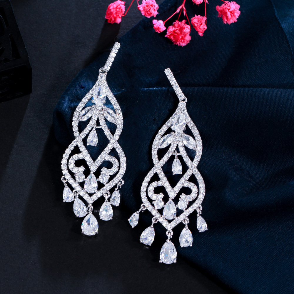 European-style fashionable long fringed earrings with AAA quality zirconia bridal earrings for women ear accessories