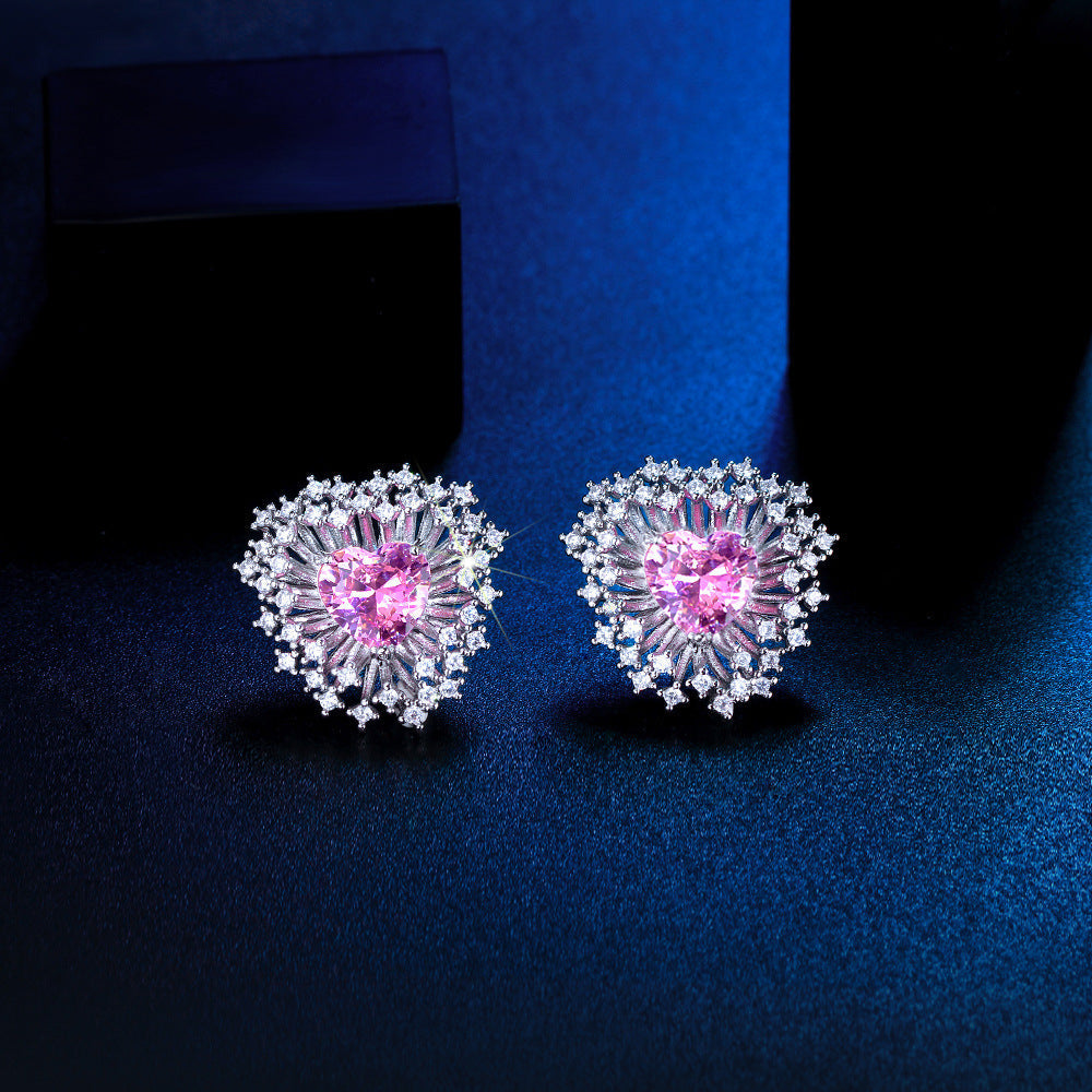 S925 silver filigree light luxury heart-shaped zirconia sparkling fireworks earrings - ultra-shiny and elegant court-style diamond stud earrings
