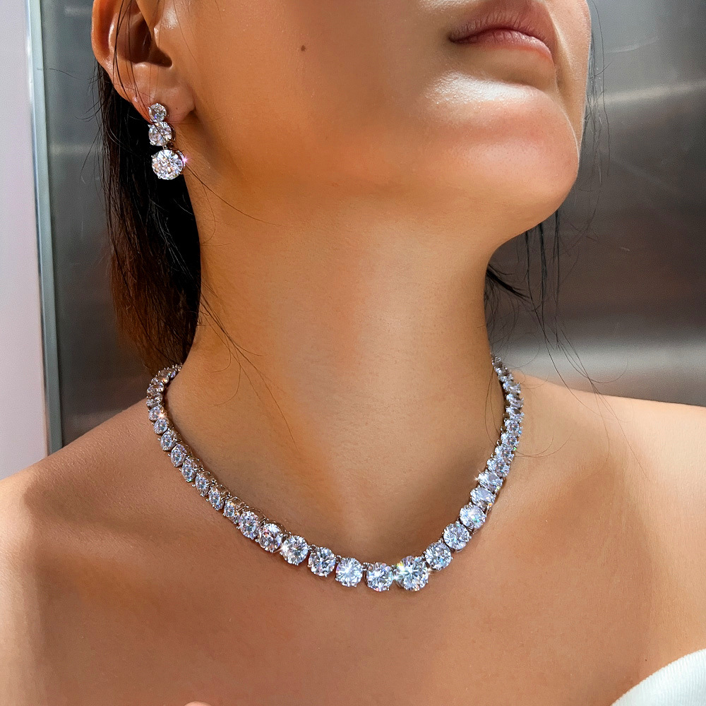 European and American fashion full-diamond zirconia bridal necklace and earrings set wedding dress evening party accessories jewelry