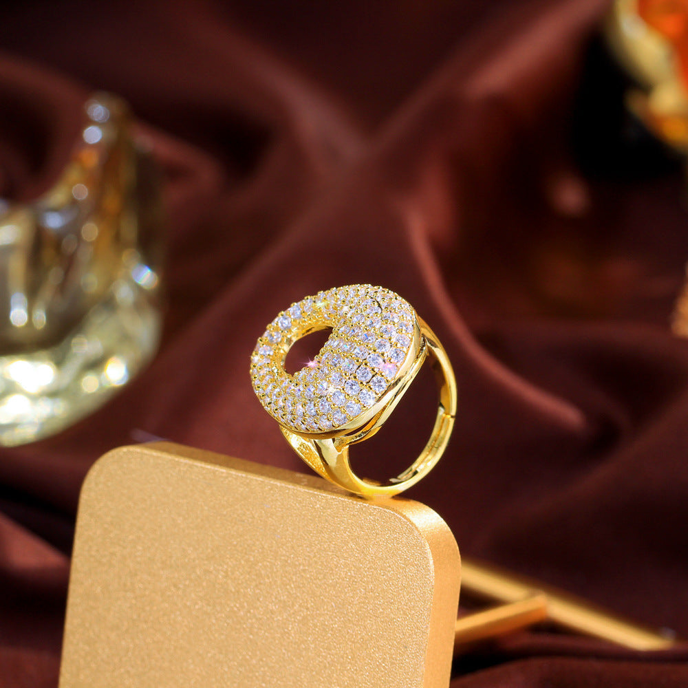 European and American fashion micro-set zirconia open-ended ring luxurious and elegant with open electroplated 18K gold finger ring accessory for hands