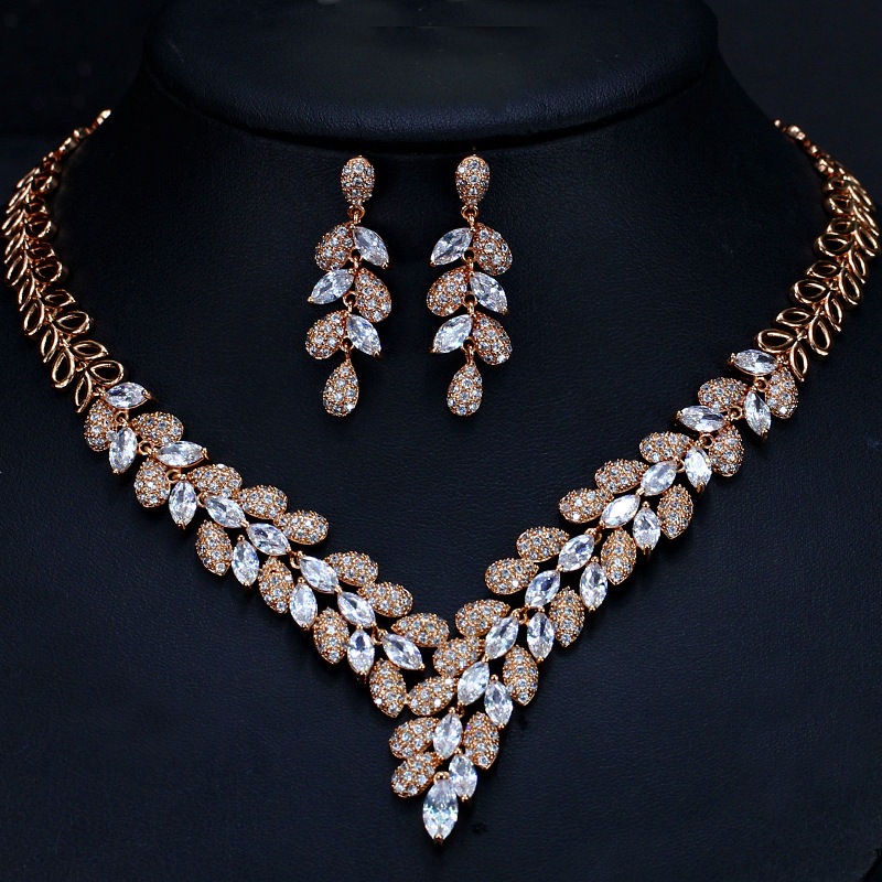High-end zirconia two-piece bridal banquet earrings and necklace set accessory