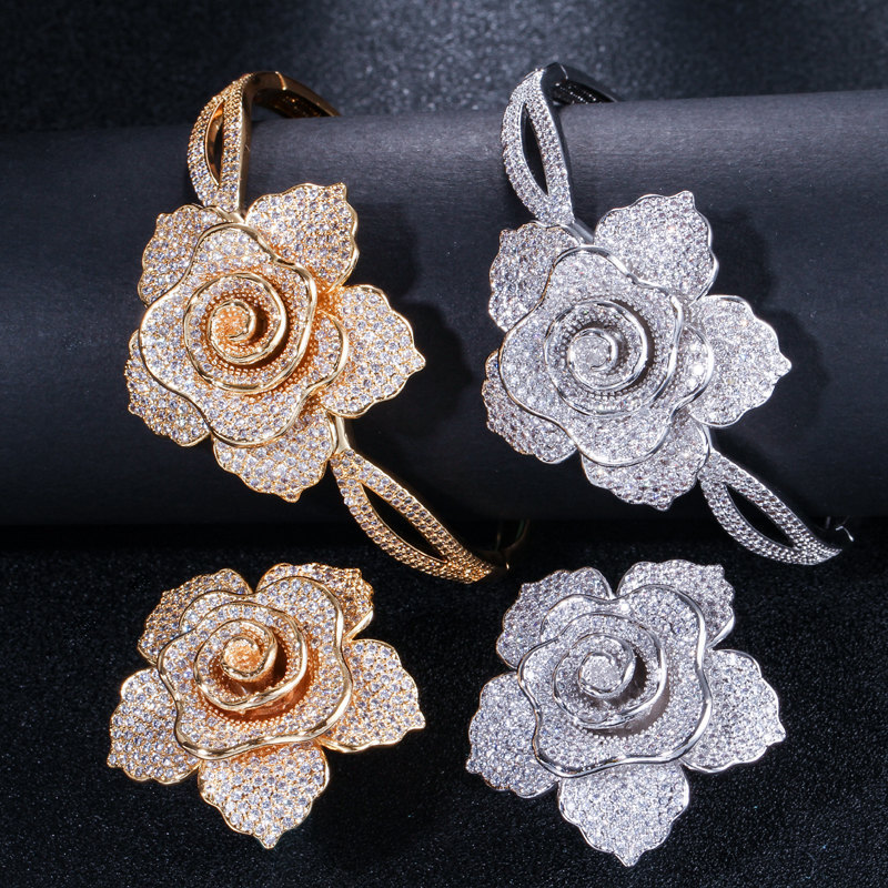 European and American fashion-inspired rose flower hand chain and ring set with full-set of zirconia jewelry