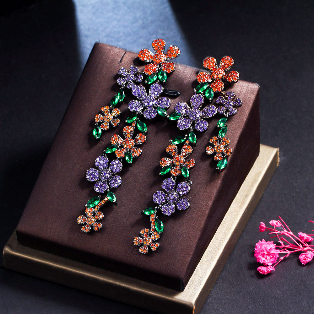 S925 silver needle high-end lady-style flower petal long-style earrings with heavy-weight colored tassels as ear jewelry