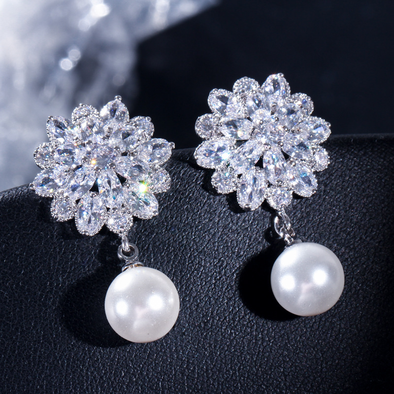 European-style bridal earrings - pearl with tiny inlaid zirconia combination earrings