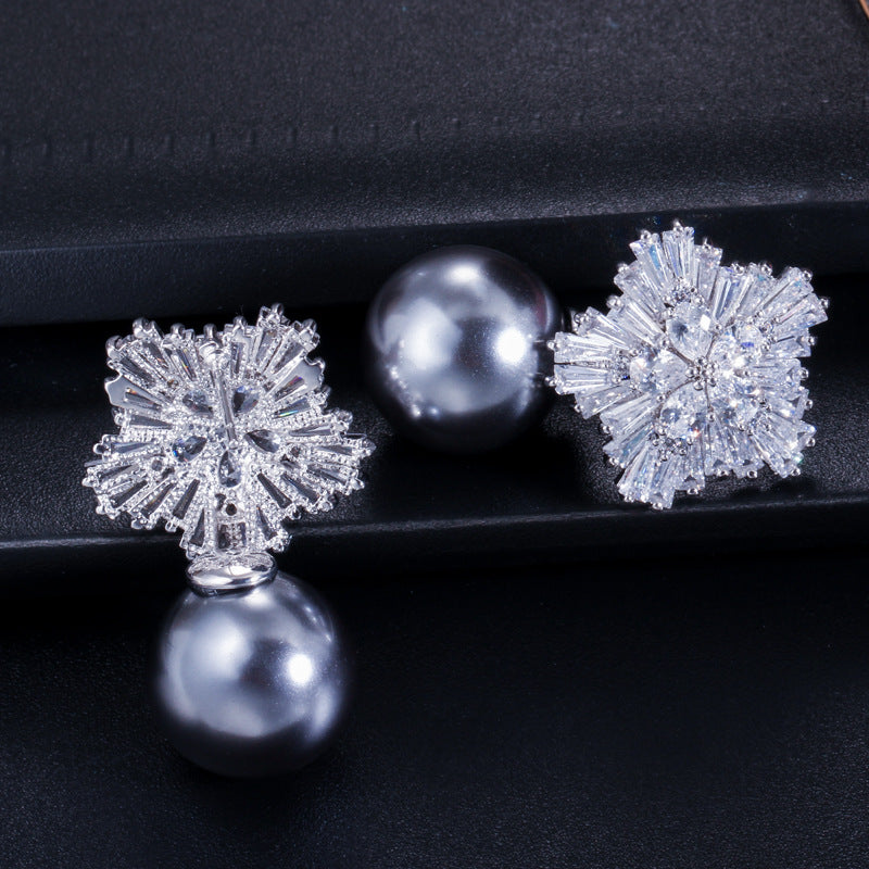 Snowflake Zirconia Beaded Earrings - Korean-style Stud Earrings with Shell Pearl for Weddings and Formal Events
