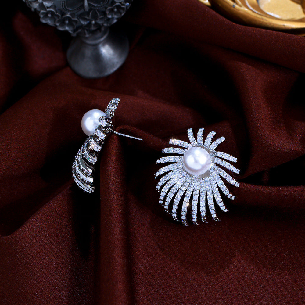 S925 silver filigree vintage sparkling fireworks pearl zirconia earrings - unique and versatile design with micro-set full diamond ear studs