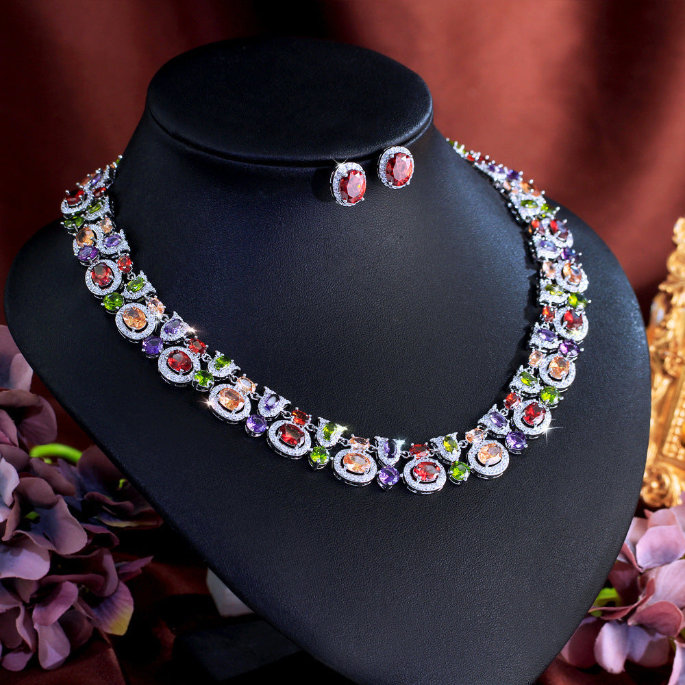 Vintage zirconian wedding dress evening gown necklace earring set classic and versatile royal style long chain set