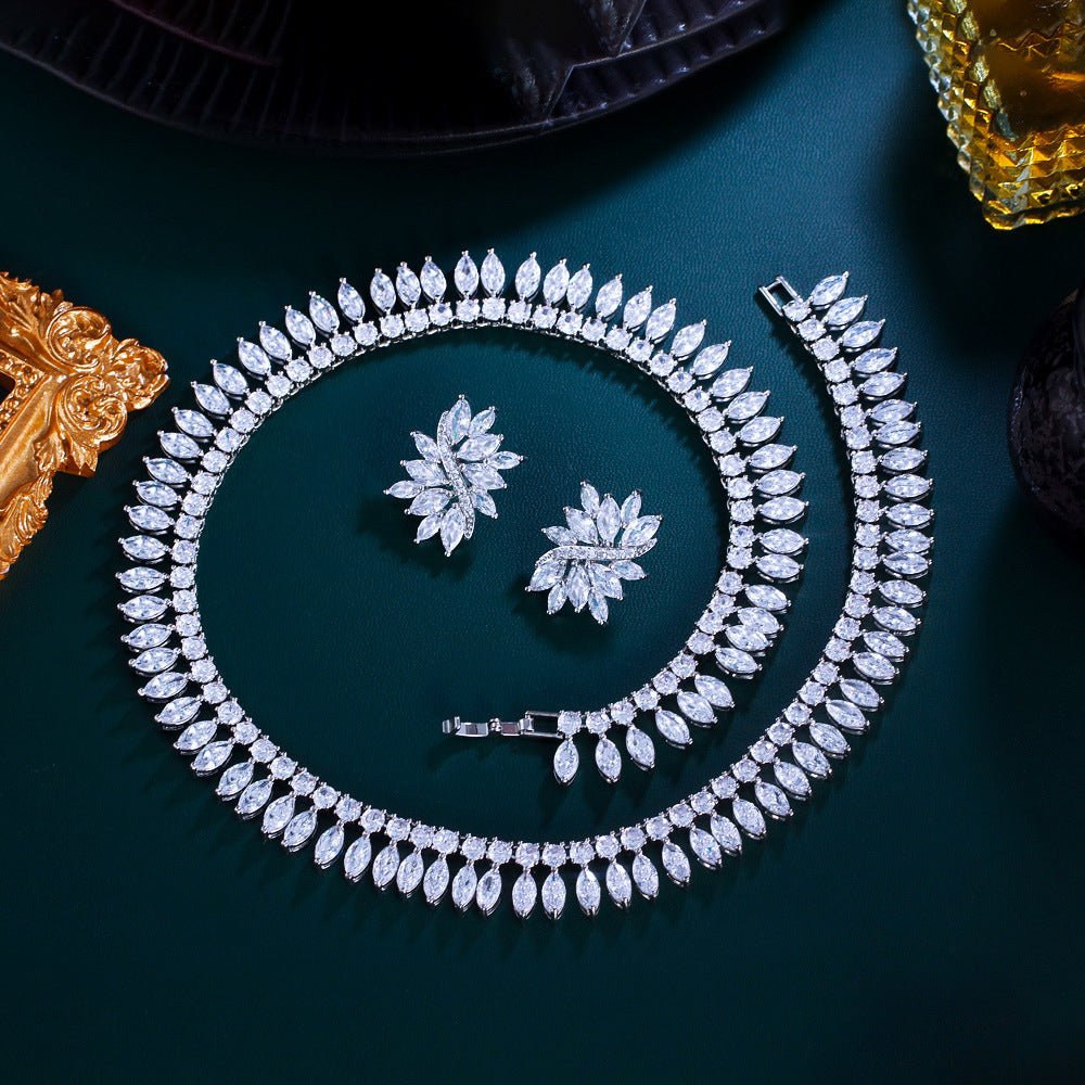 European and American fashion full-diamond evening gown cocktail necklace earrings set chain with marquise zirconia effect bridal set