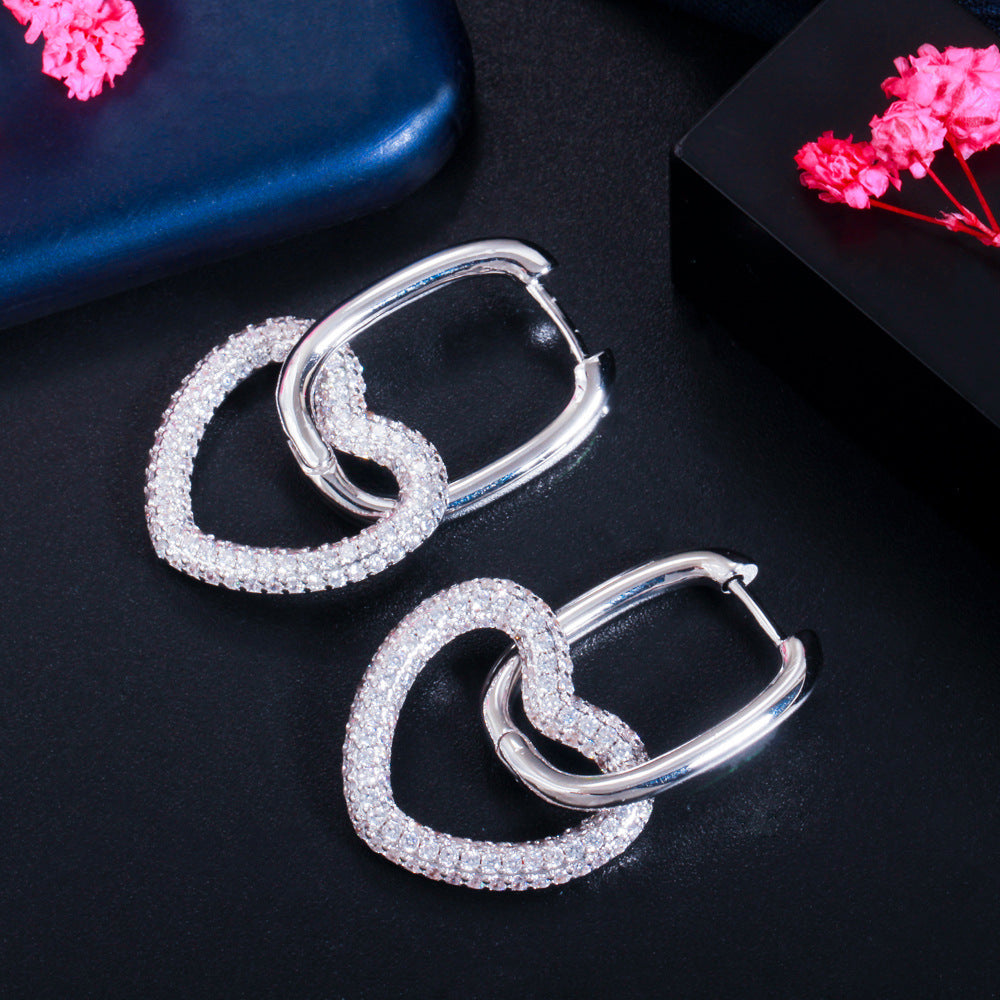 New style personalized double-ring heart-shaped earrings with embedded colorful zircons, trendy hip-hop style earrings
