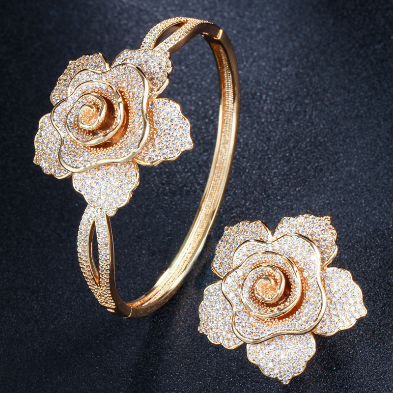 European and American fashion-inspired rose flower hand chain and ring set with full-set of zirconia jewelry