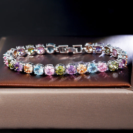European and American fashion trend crystal ice flower bracelet for ladies as a gift. Rainbow zircon jewelry accessory