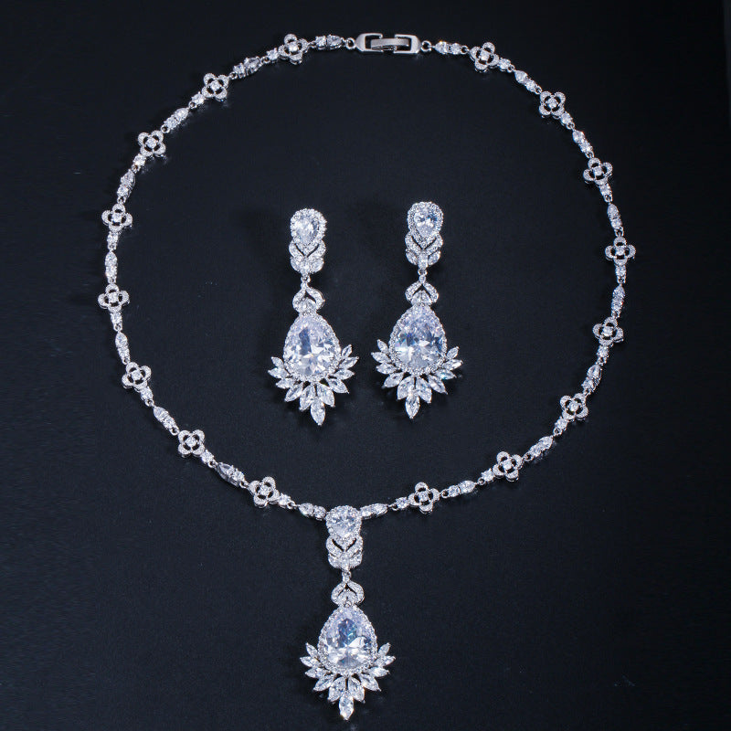 New bride's wedding dress zircon bracelet wedding jewelry necklace earrings two-piece set