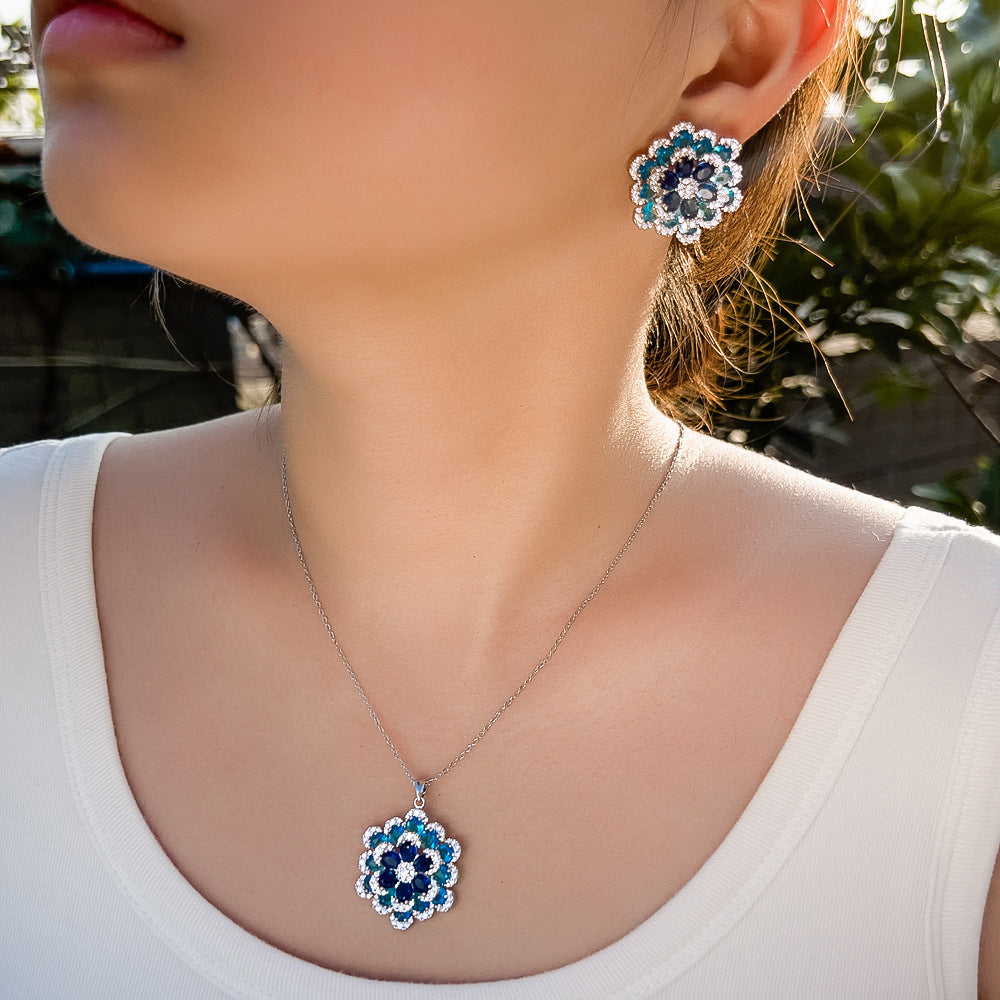 S925 silver needle French-style minimalist vintage double-layer three-dimensional full-diamond blue flower necklace stud set chain zirconium jewelry set