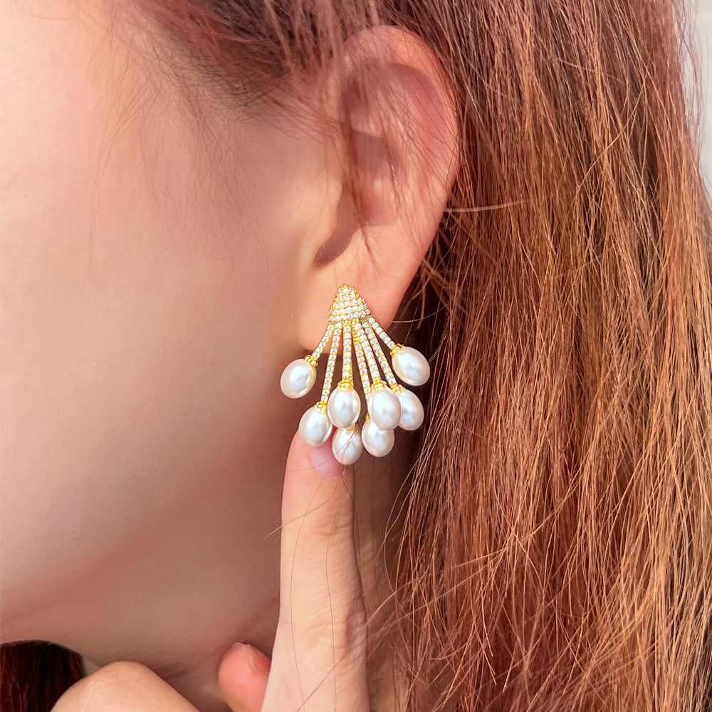 Korean Dongamantown Baroque Pearl Earrings - Trendy Ins Style French Retro Charm with Precious Set Zirconia and Pearl Earrings