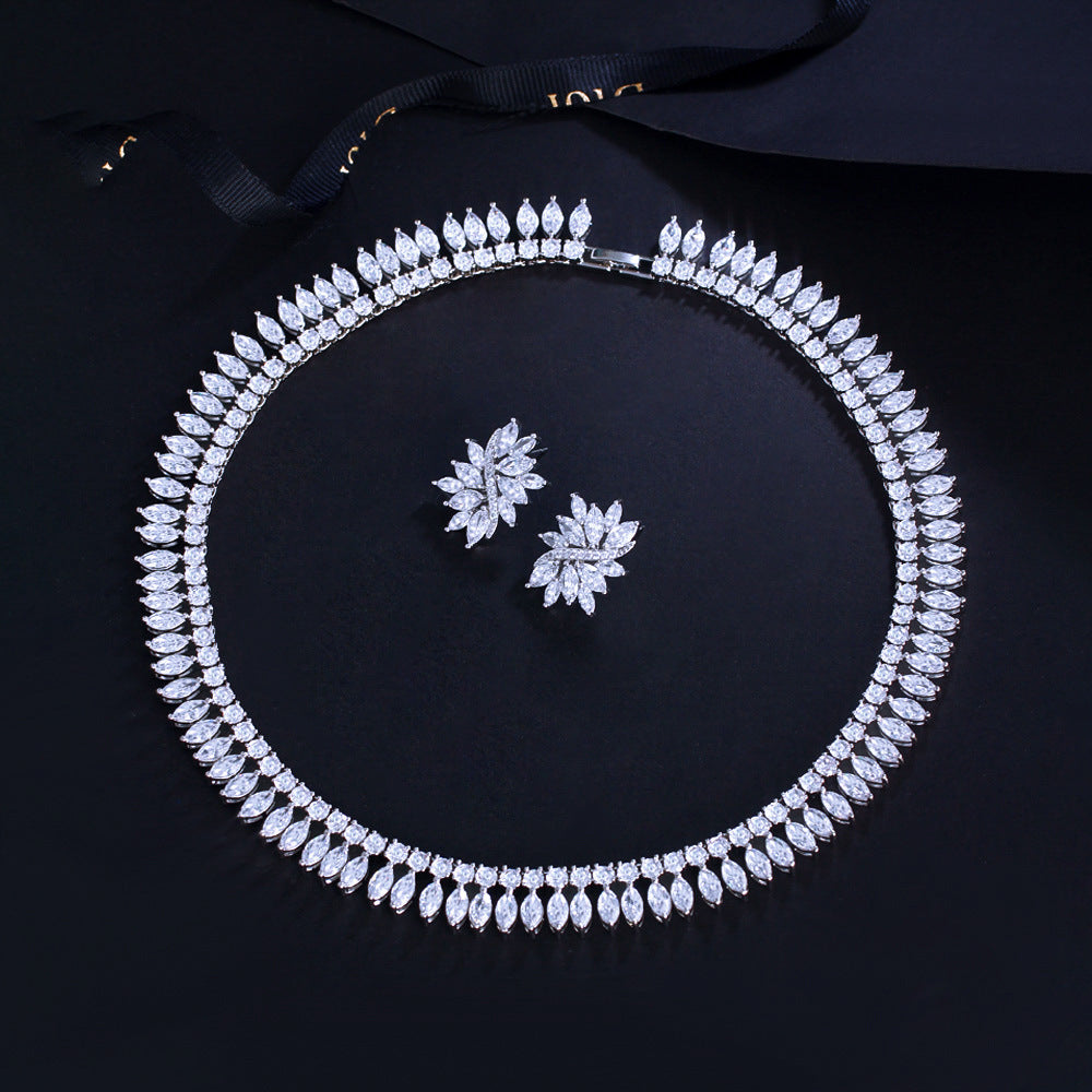 European and American fashion full-diamond evening gown cocktail necklace earrings set chain with marquise zirconia effect bridal set
