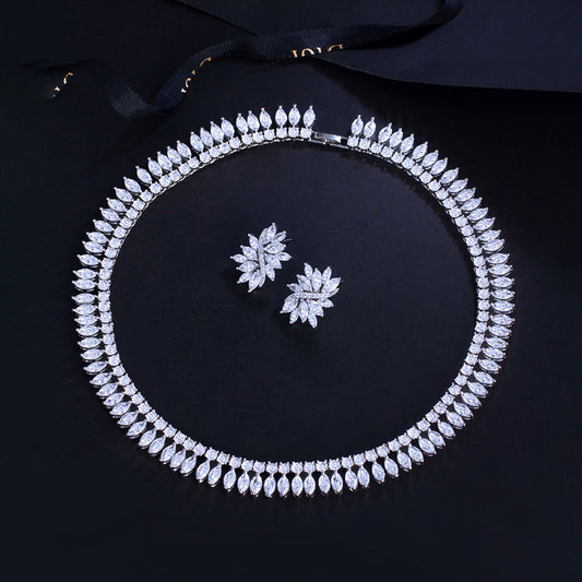 European and American fashion full-diamond evening gown cocktail necklace earrings set chain with marquise zirconia effect bridal set