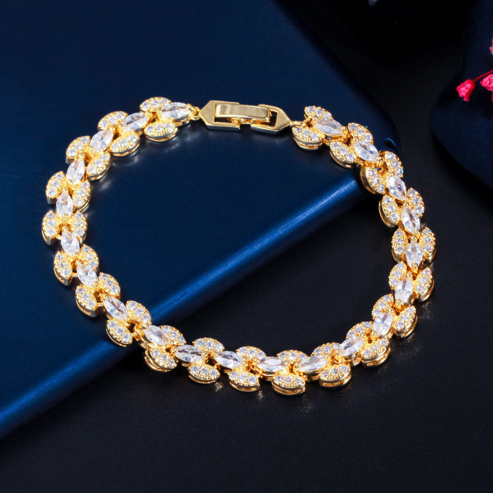 Best-selling Roman bracelet, chrome-plated white gold handcrafted jewelry double-row marquise-shaped zirconia and full-diamond handchain in Europe and America