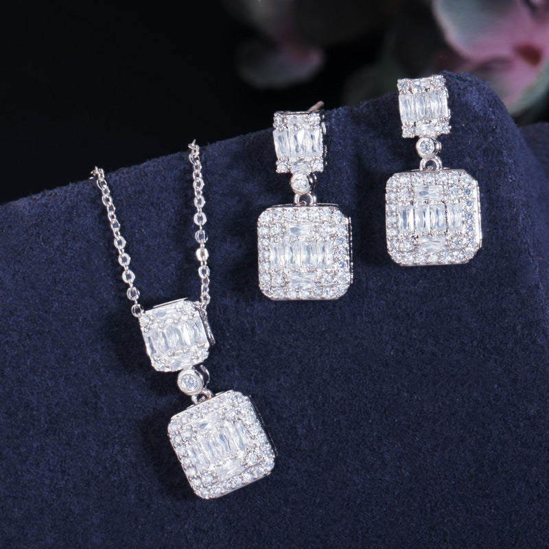Korean version of S925 silver heart-shaped stud earrings with tiny inlaid zirconia pendant necklace set - elegant jewelry popular online item must-have accessory
