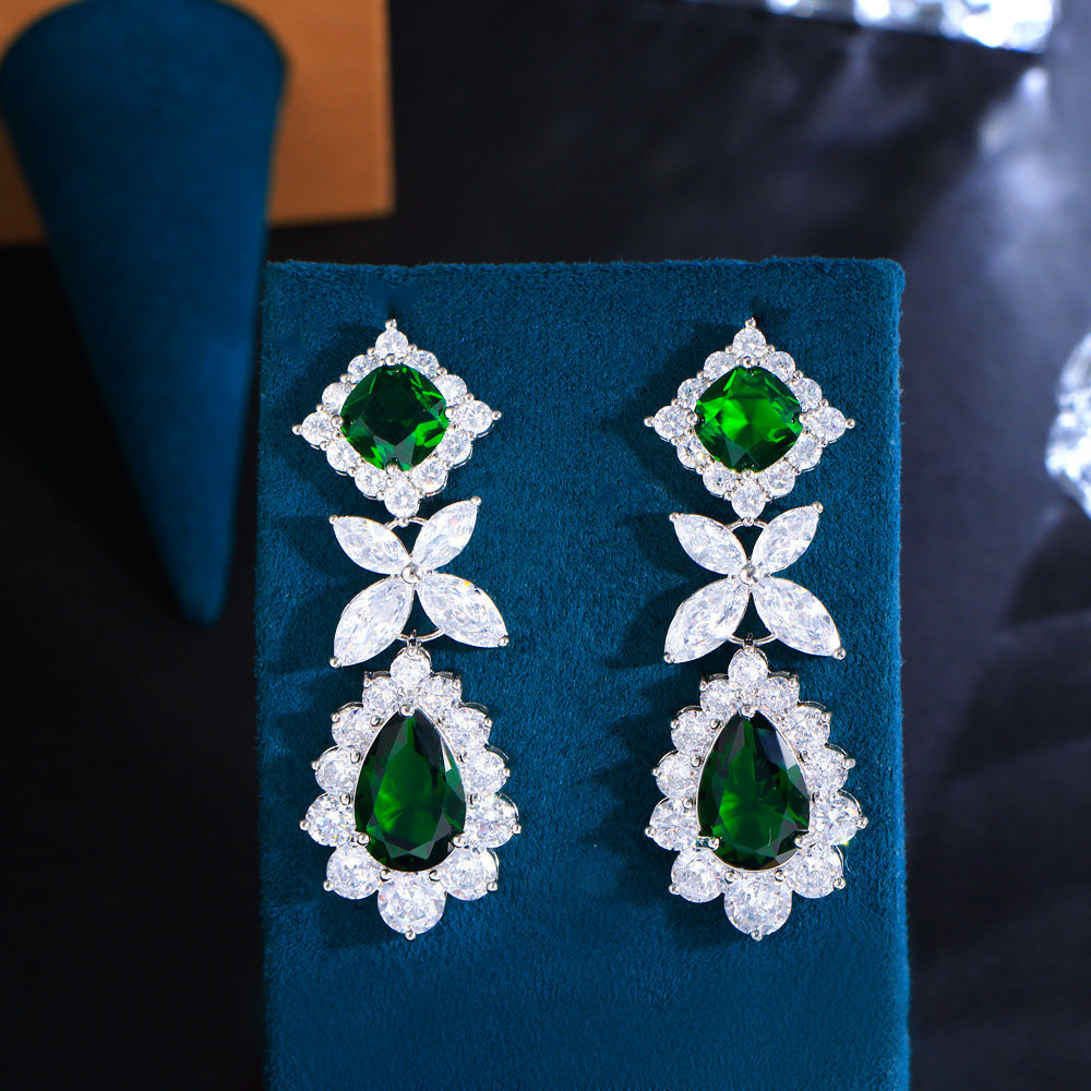 Fashion dazzling zircon earrings heavy-weight water-drop style luxury formal dress accessories emerald gemstone ear ornaments