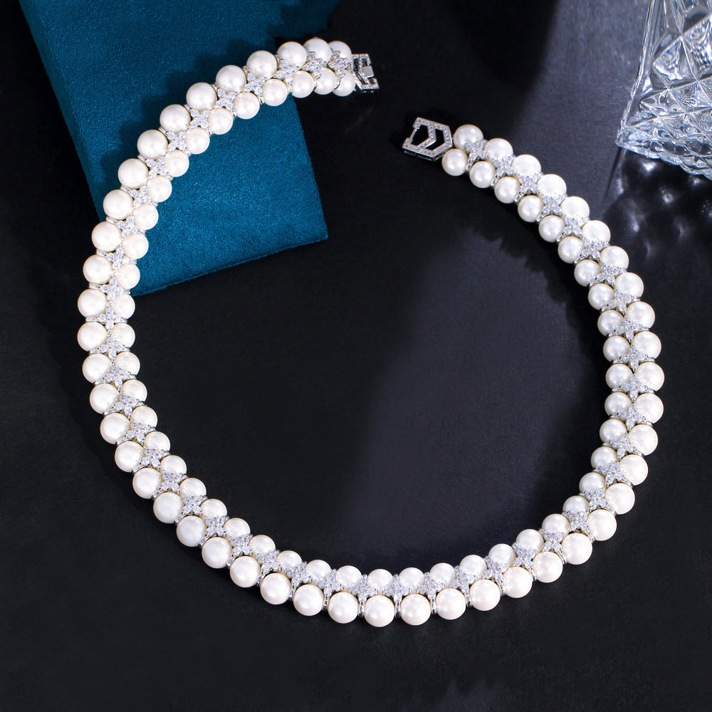 Korean fashionista double-layer freshwater pearl necklace - elegant and unique collar chain with pearl and zircon gemstones - women's necklace