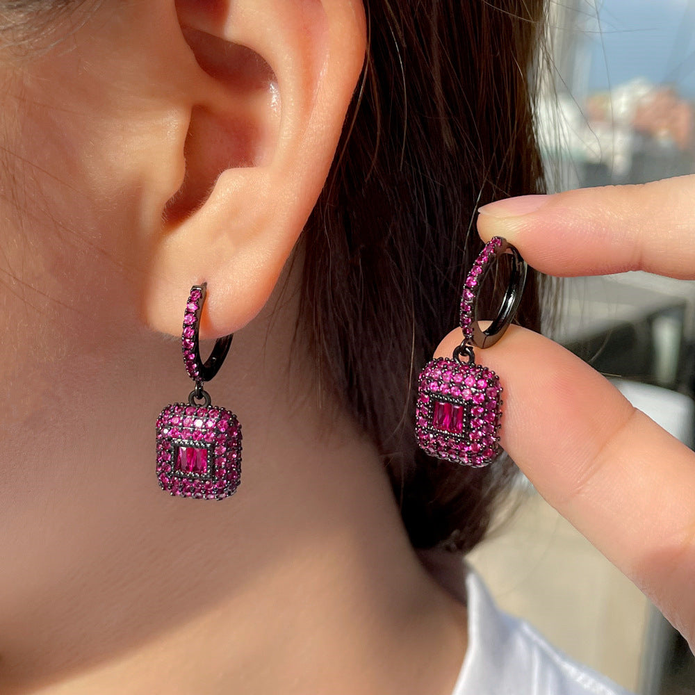 European and American popular square emerald gemstone micro-set zirconia earrings featuring a fashionable elliptical-shaped ear hook as the earpiece accessory