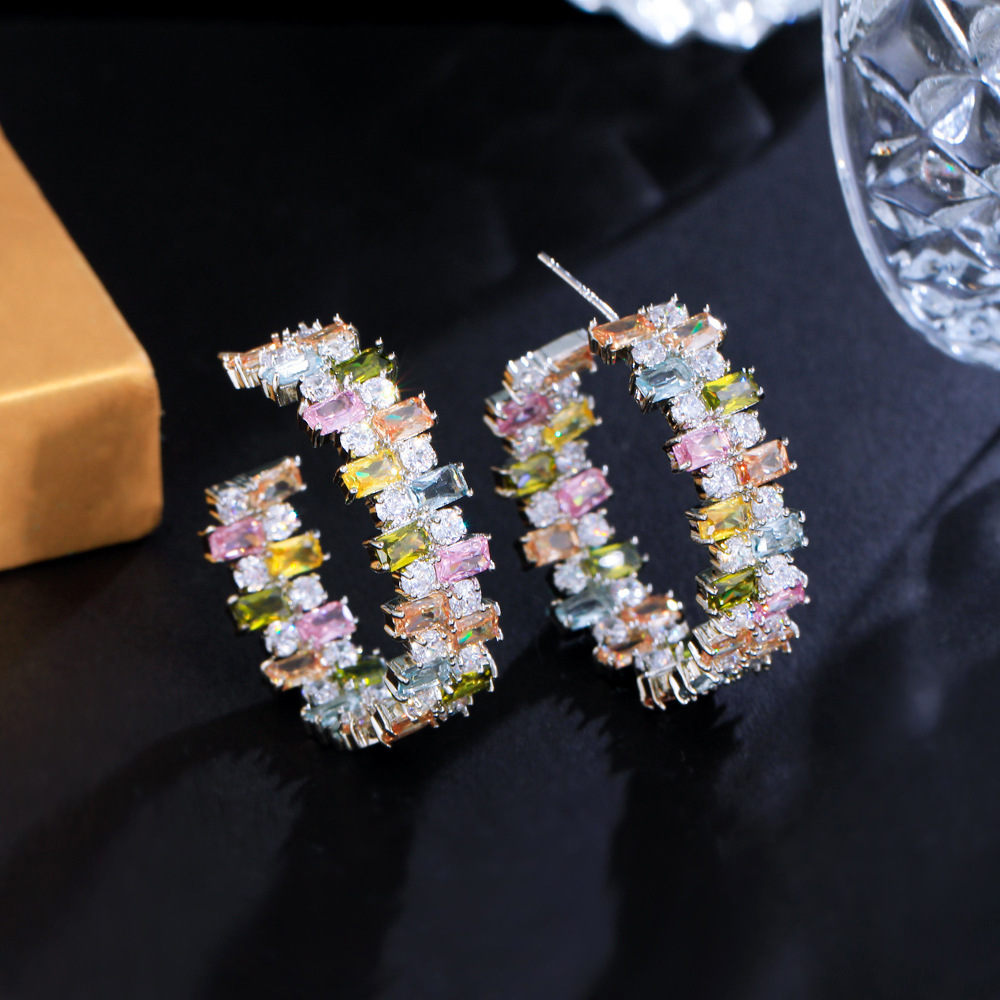 S925 silver needle heavy industry color C-ring earrings elegant candy-shaped square zirconia irregular colored diamonds small earrings that enhance facial appearance