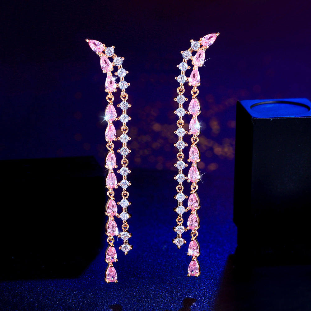 S925 silver thread fresh and sweet fairy-style powder diamond long dangling earrings with ultra-shiny full-zirconia and versatile ear pendants