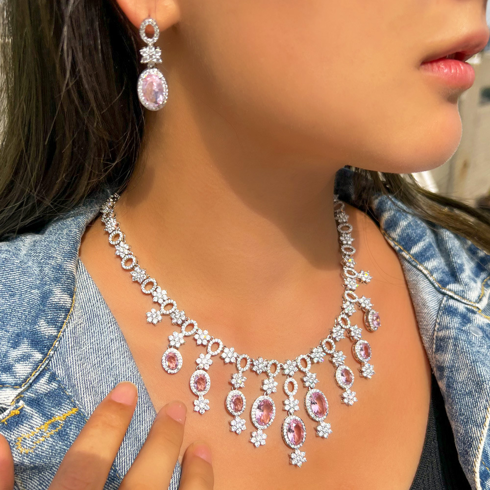 Diamond chandelier earrings and necklace set for wedding banquet - complete with zirconia - bridal wedding dress jewelry set with chain