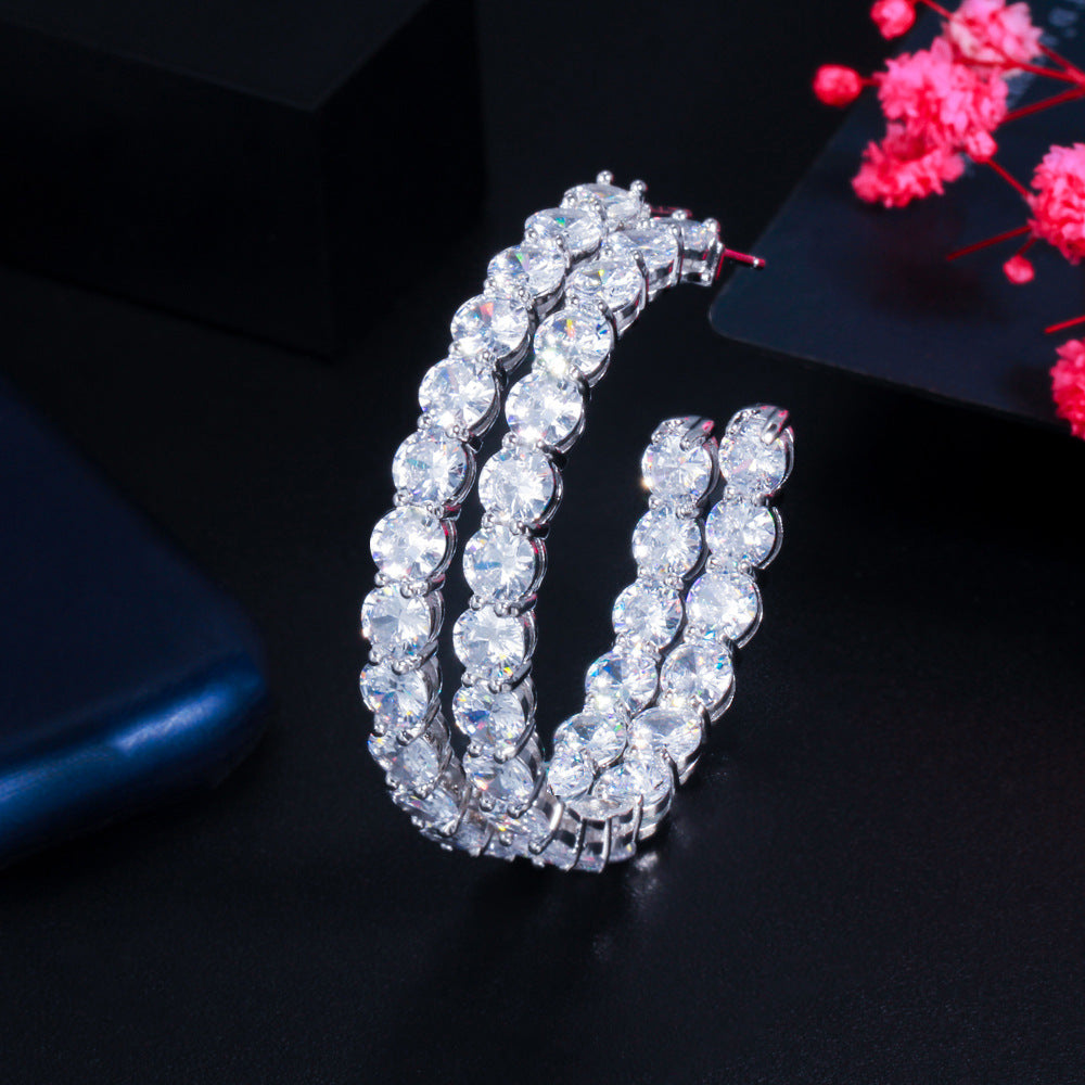 S925 pure silver needle fashion zirconia earrings with large round ear hooks cool style suitable for girls simple and elegant Korean-style earrings